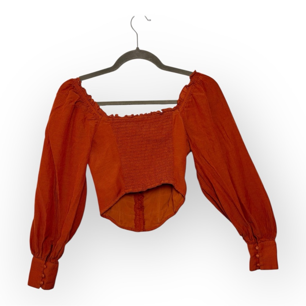 ASTR Burnt Orange Smocked Corset Blouse Puff Sleeve Cropped Romantic Boho Top S - Picture 5 of 9